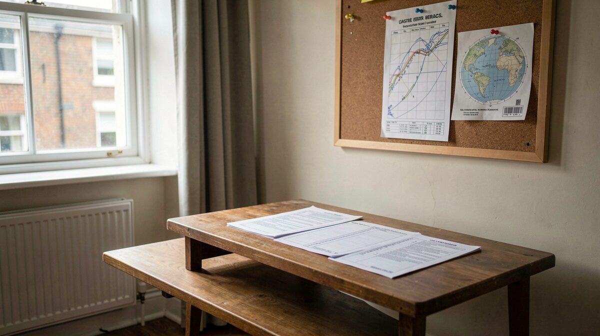 A quiet club office in Britain at morning light, a folding table with printed checklists, an aviation weather report pinned to a corkboard, shot in natural window light, medium framing.