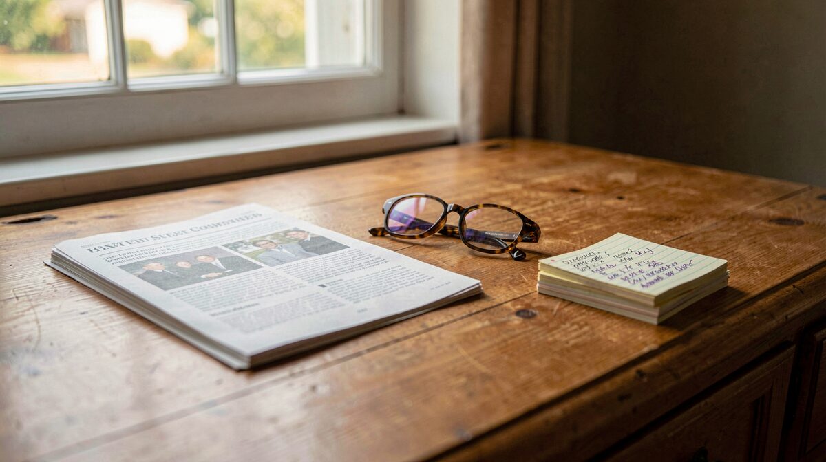 A wooden desk in warm window light, an open printed newsletter beside a pair of reading glasses and a stack of annotated index cards, shot from a low angle.