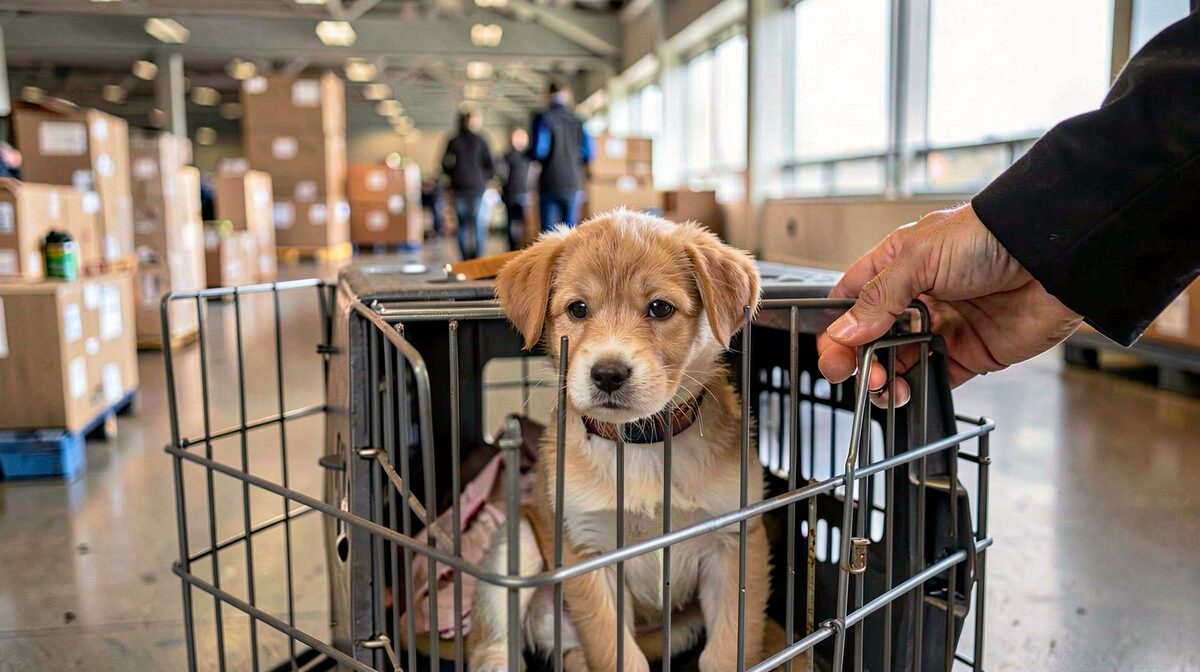 A small puppy in a travel crate at an airport cargo terminal, soft morning light, close-up on the crate and a handler's hand.