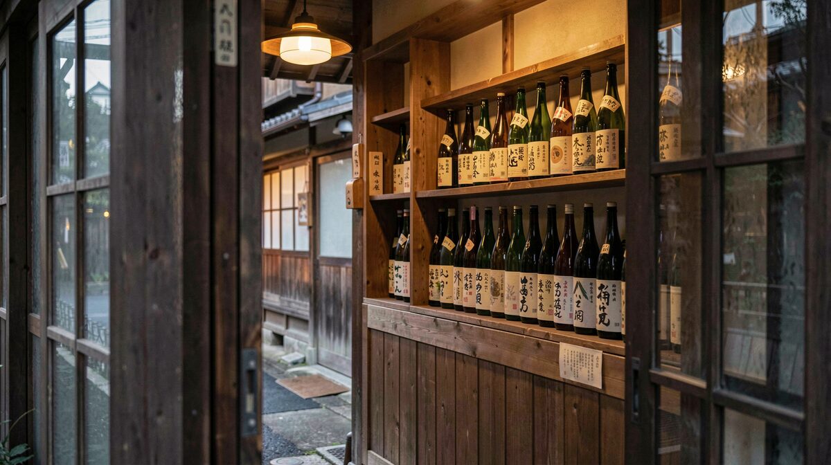 A quiet neighborhood sake shop in Japan at dusk, bottles with paper labels lined on wooden shelves, warm interior light, shot from the doorway.