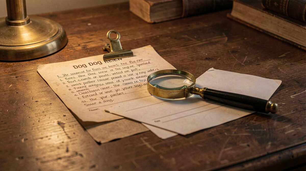 A wooden editorial desk at dusk, a dated small-format dog review sheet pinned under a brass clip, a magnifying glass resting on a nearly blank index card, warm lamp light from the left, close framing.