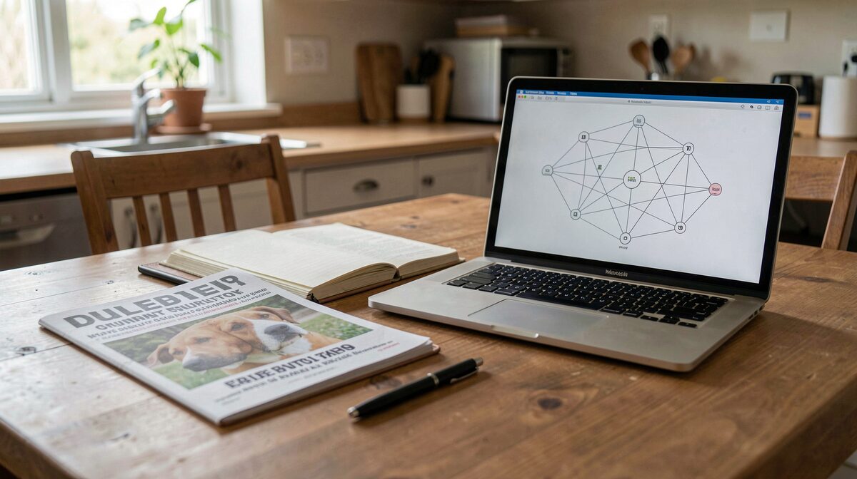 A kitchen table in a country office at morning: a folded printed dog bulletin, an open kennel notebook, and a laptop showing a plain network diagram, natural window light, close framing.